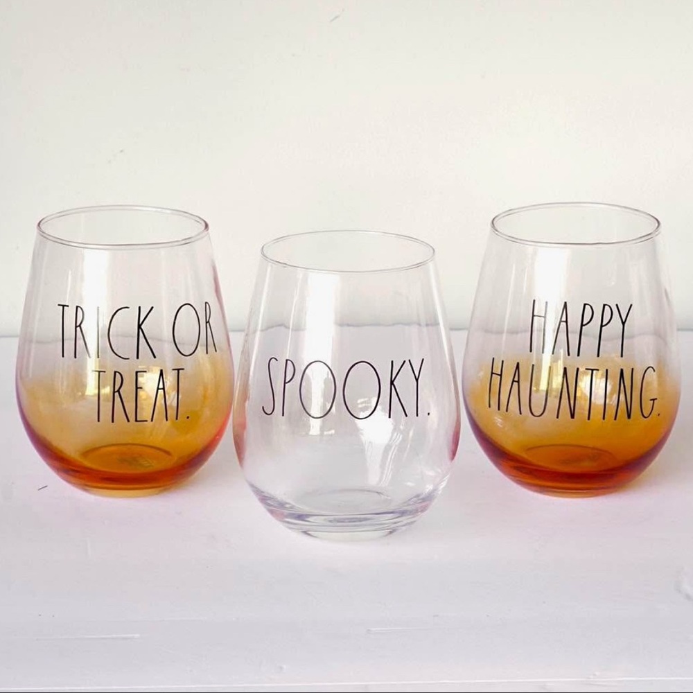 Rae Dunn Halloween Wine Glass Set — SPOOKY, TRICK OR TREAT, HAPPY HAUNTING